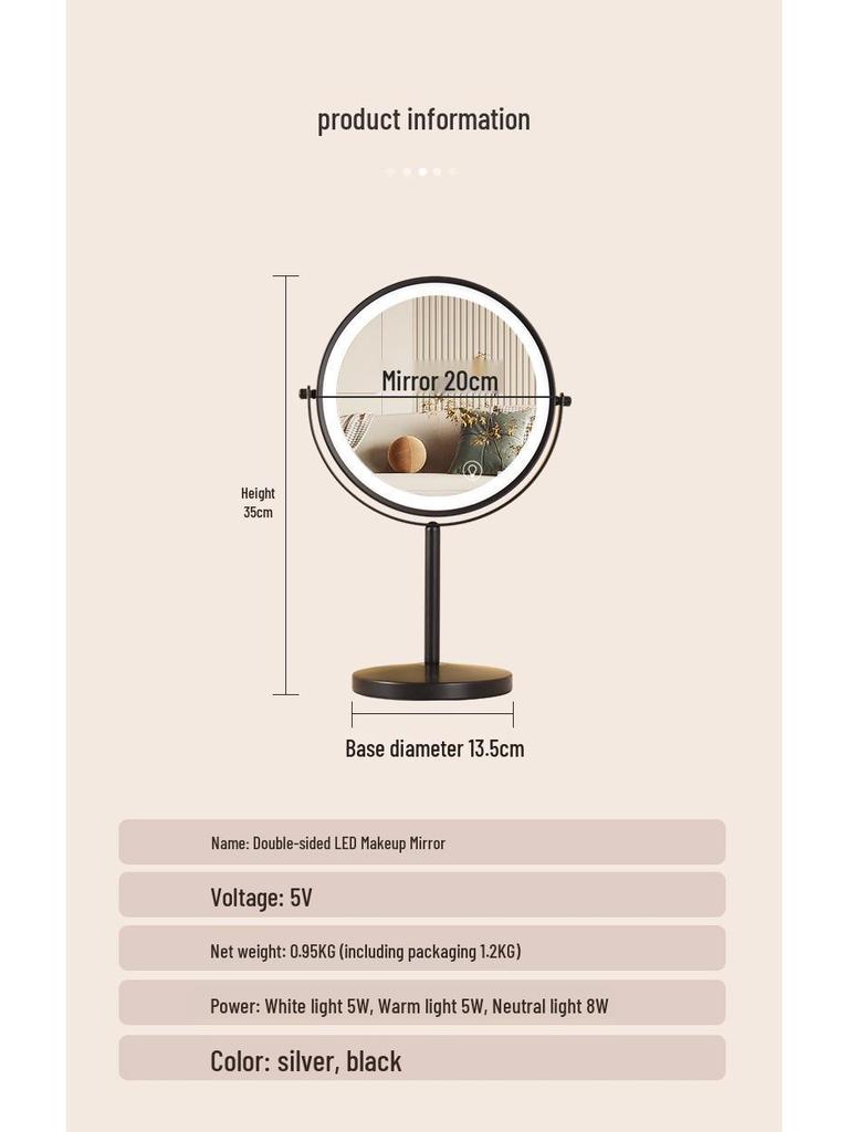 Large Double-Sided LED Makeup Mirror with Magnification and Fill Light for Vanity or Desk