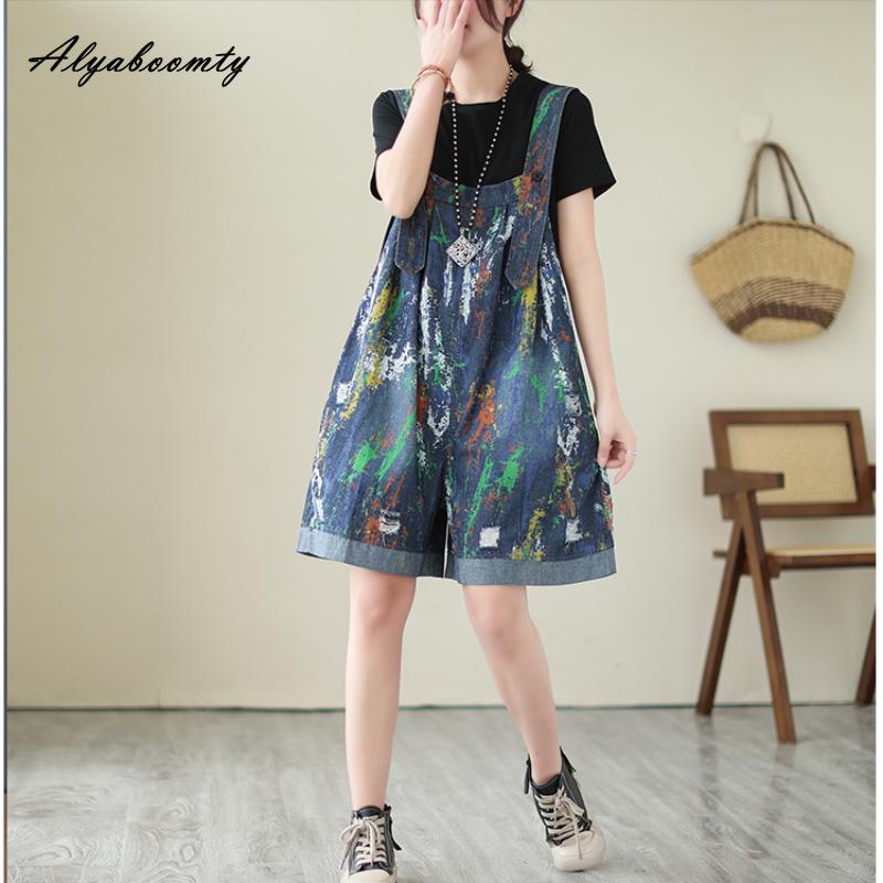 אוברול ג'ינס לנשים בסגנון קוריאני בסגנון כחול אופנתי מזדמן חליפות משחק משוחררות וינטג' רחב חורים קרועים רחב רגל קצר רומפרס