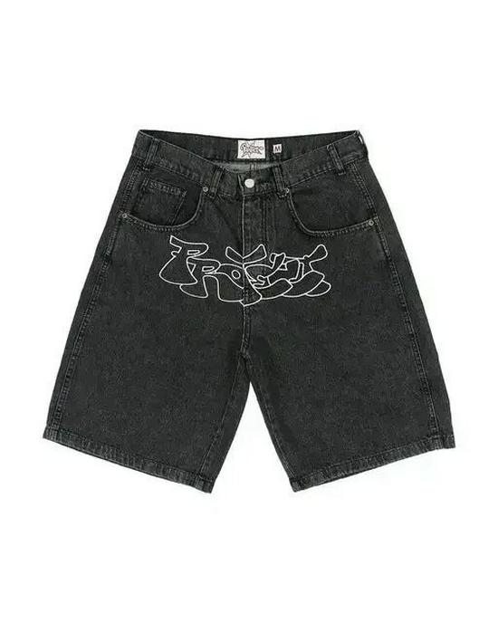 Men's Y2K Retro Hip Hop Embroidered Denim Shorts - High Waist, Casual & Versatile.
