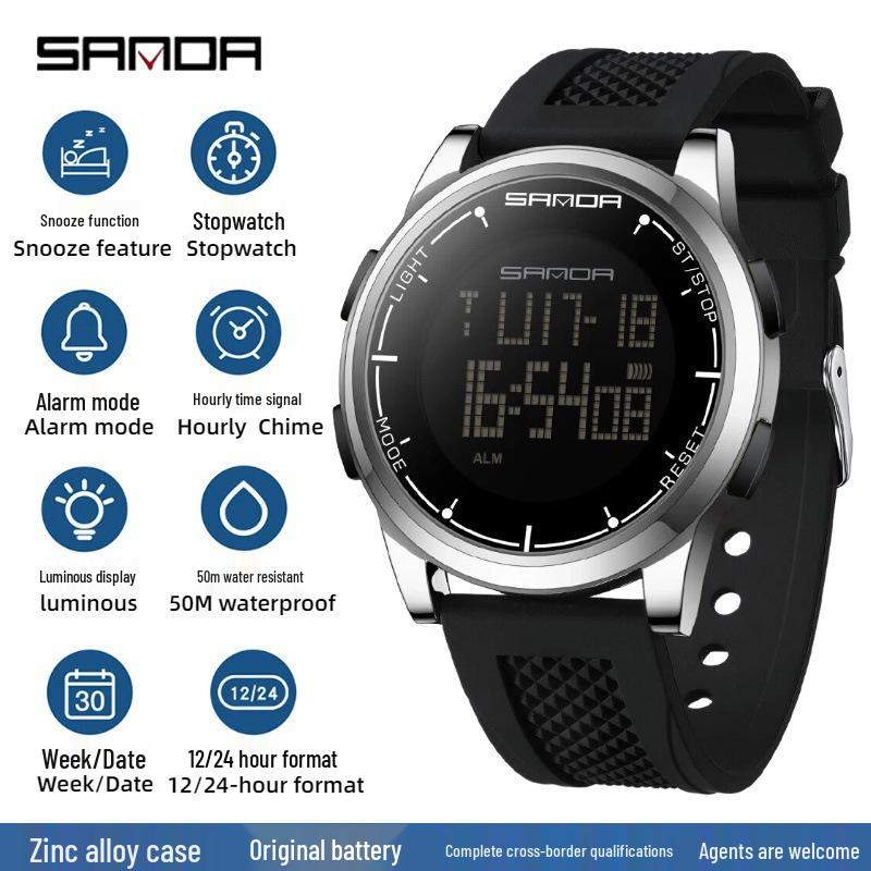 Sanda Men s Trendy Large Screen Waterproof Multifunctional Sport Watch