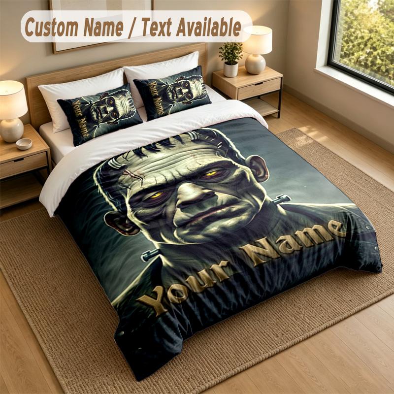 3Pcs Bedding Set Custom Name Text, 1 Sheet 2 Pillowcases Home Bed DecorFrankenstein's Monster