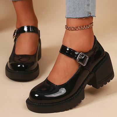 Sapatos Mary Jane Elegantes da Moda com Fivela Ajustável no Tornozelo para Mulheres, Salto Grosso em Couro PU, Bico Redondo, Plataforma, Sapatos Casuais, Senhoras