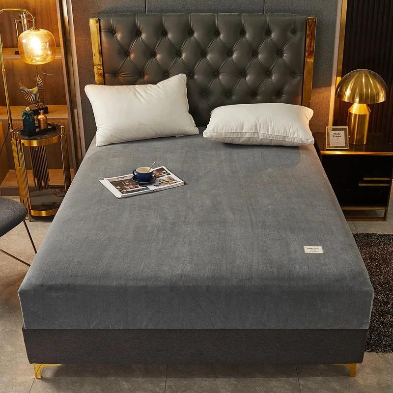 Autumn and Winter A-Class Milk Velvet Bed Sheet Solid Warm Cozy Mattress Protective Cover Bed Linen Protector Fitted Sheet Winter Keep Warm