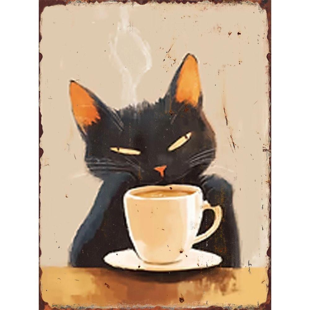 Retro Katze Kaffee Metallblechschild Wanddeko Vintage Küchenkunst 20x30 cm