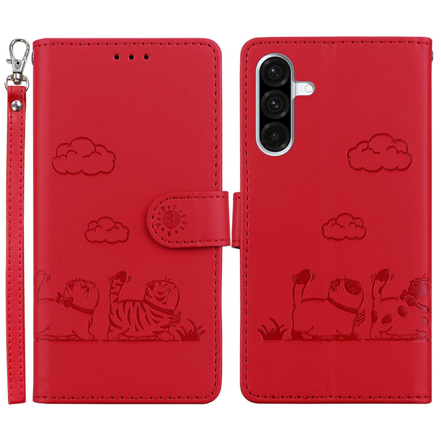 

For Samsung Galaxy A26 5G Case RFID Blocking Kitten Pattern TPU+PU Leather Phone Cover Red
