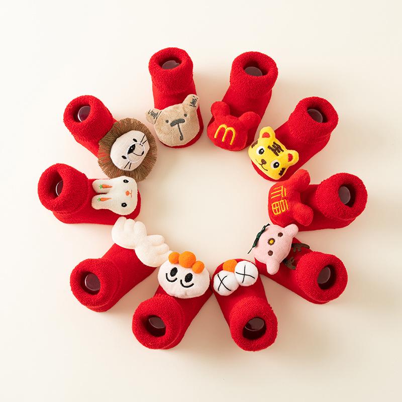 Newborn Red Non-slip Plush Socks for Autumn/Winter - Warm Terry Christmas Floor Socks for Babies and Toddlers.