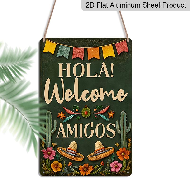 

2D Flat 1pc Room Is Adorned with Aluminium Wall Art Saying Hola Amigos , Featuring A Colorful Welcome Sign for A Mexican Party, Vibrant Cactus and 20*30cm