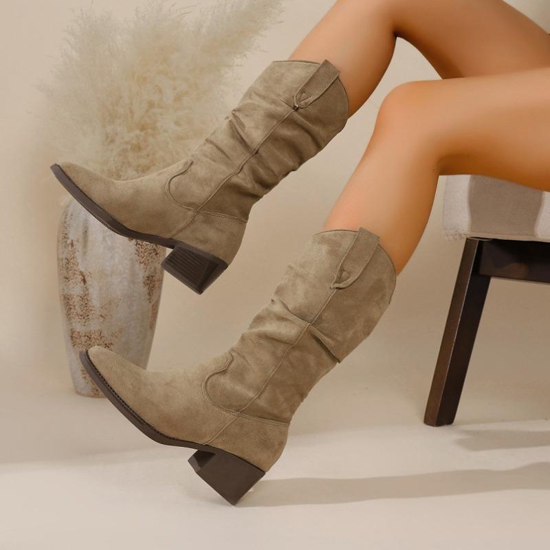 Autumn Foreign Trade New Large Size Thick Heel Medium Tube Stacking Boots Women's Cross-border Medium Heel Foot Cuff Square Head Suede Knight Boots