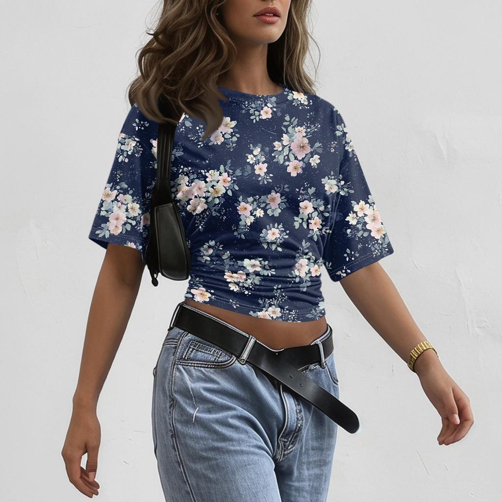 Women's Floral Print Pullover T Shirt Short Sleeve Crew Neck Loose Fit Casual Top for Daily Wear