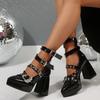New Vintage Pointed Toe Shallow Rivet Belt Buckle Platform Mary Jane Single Plus Size Block Heel Ultra Pump