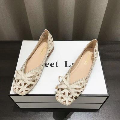Woman's New Summer Square Toe Hollow Out Flat Sole Nude Shoes Soft Sole Non Slip Shallow Slip On Lightweight Cave Shoes Sandals