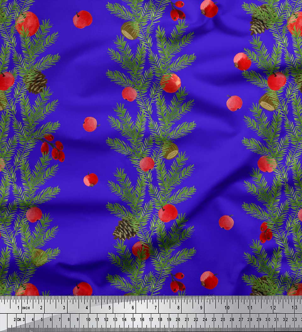 

Soimoi Blue Japan Crepe Satin Fabric Cherry & Pine Leaves Print Тканина на метр 42 дюйма 42 Inch Wide - Poly Crepe синій