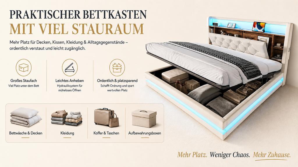 160 × 200 cm Upholstered Bed with Storage, Velvet Bed with Multifunctional Headboard, LED Lighting, 2 USB & Type-C Port, Hydraulic, Beige