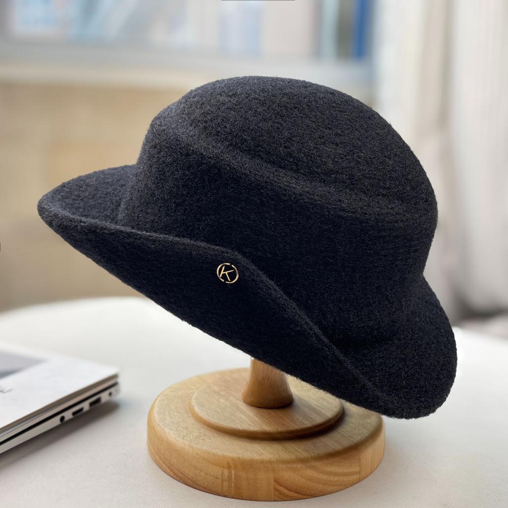 Chapeau Haut de Forme Noir Style Hepburn Français, Chapeau Pêcheur Haut de Gamme Automne Hiver, Petit Visage, Chapeau Bob Tricoté Chaud