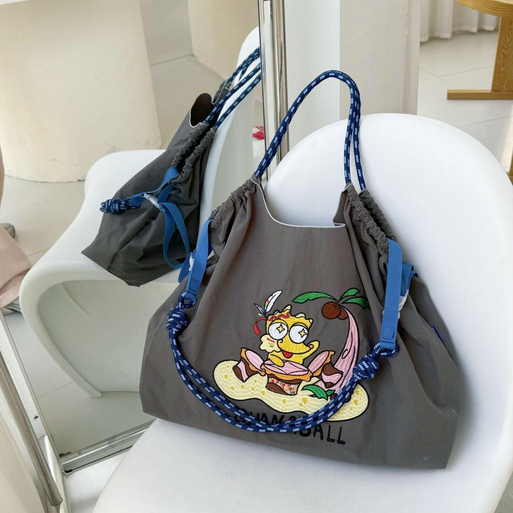 Japanese Style Handmade Waterproof Nylon Canvas Bag with Embroidered Patterns, Large Capacity