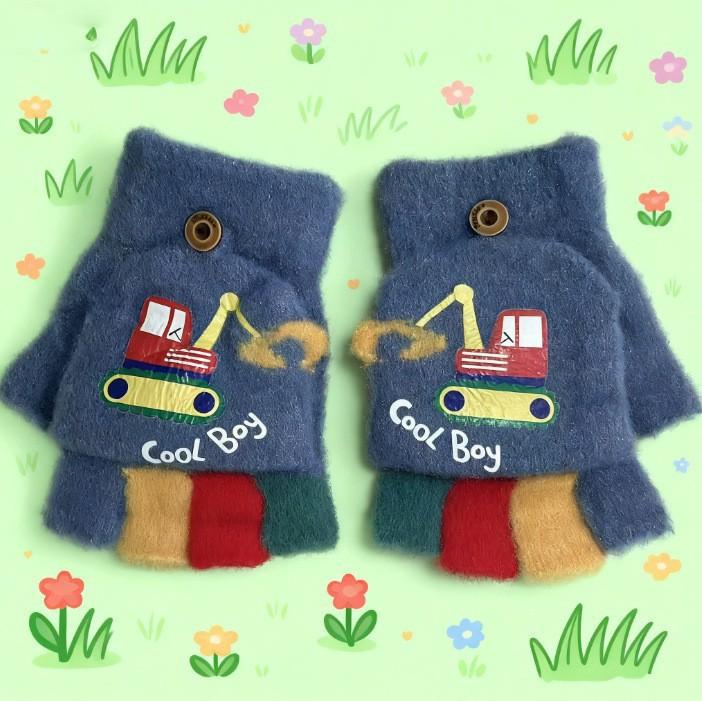 Autumn and Winter New Children's Gloves Autumn Baby Cartoon Cute Half Finger Flip Gloves Cold and Warm