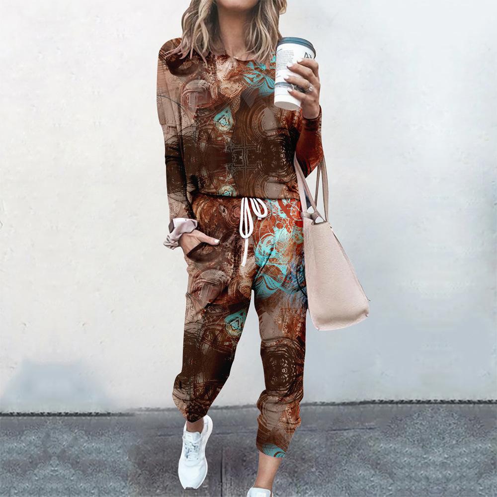 High-End Fashion Sports Sweater Set Women'S Autumn Loose Casual Long-Sleeved Printed Top Bundle Leg Pants Two-Piece Set