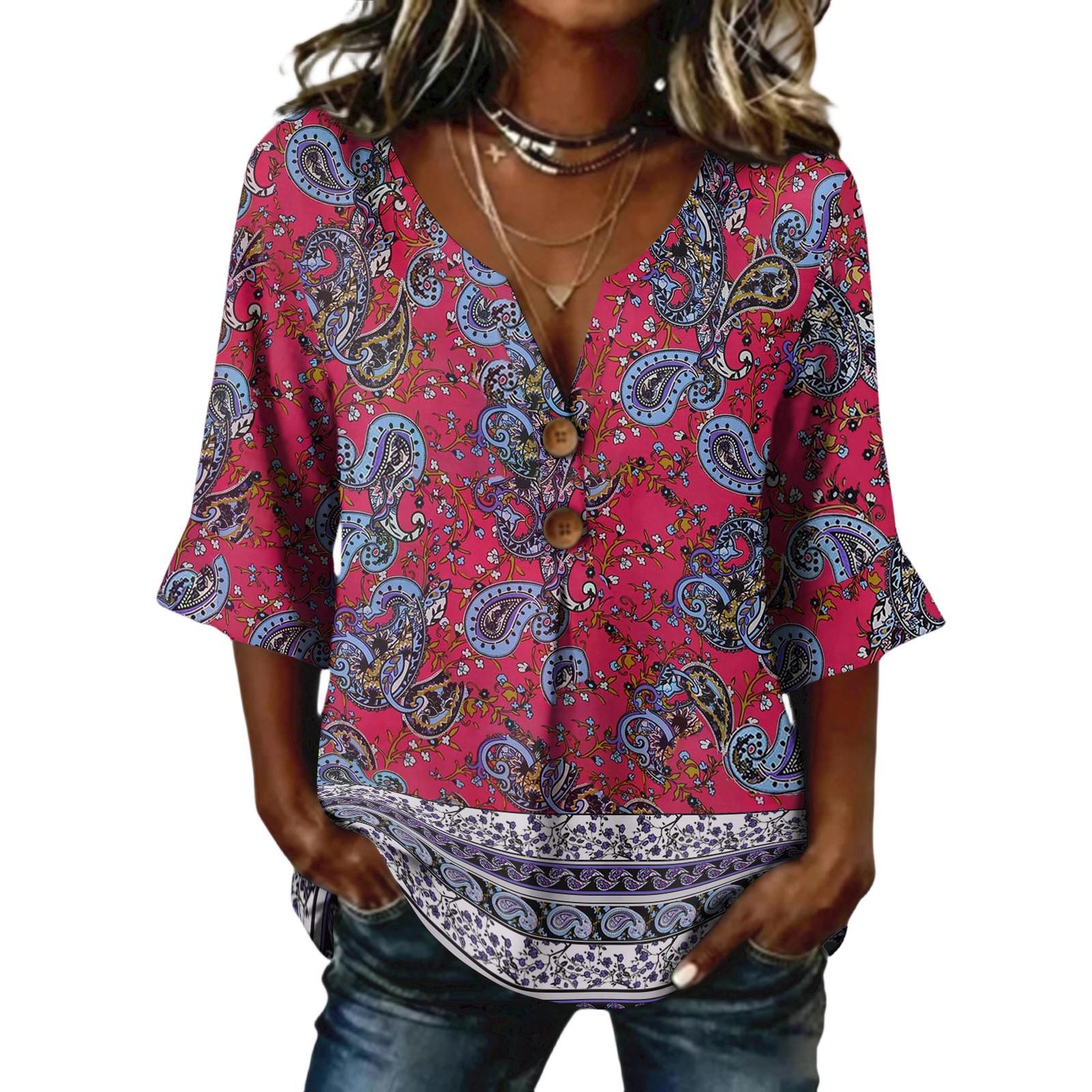 

Ladies floral print button casual V-neck fashionable seven quarter sleeve top XXL