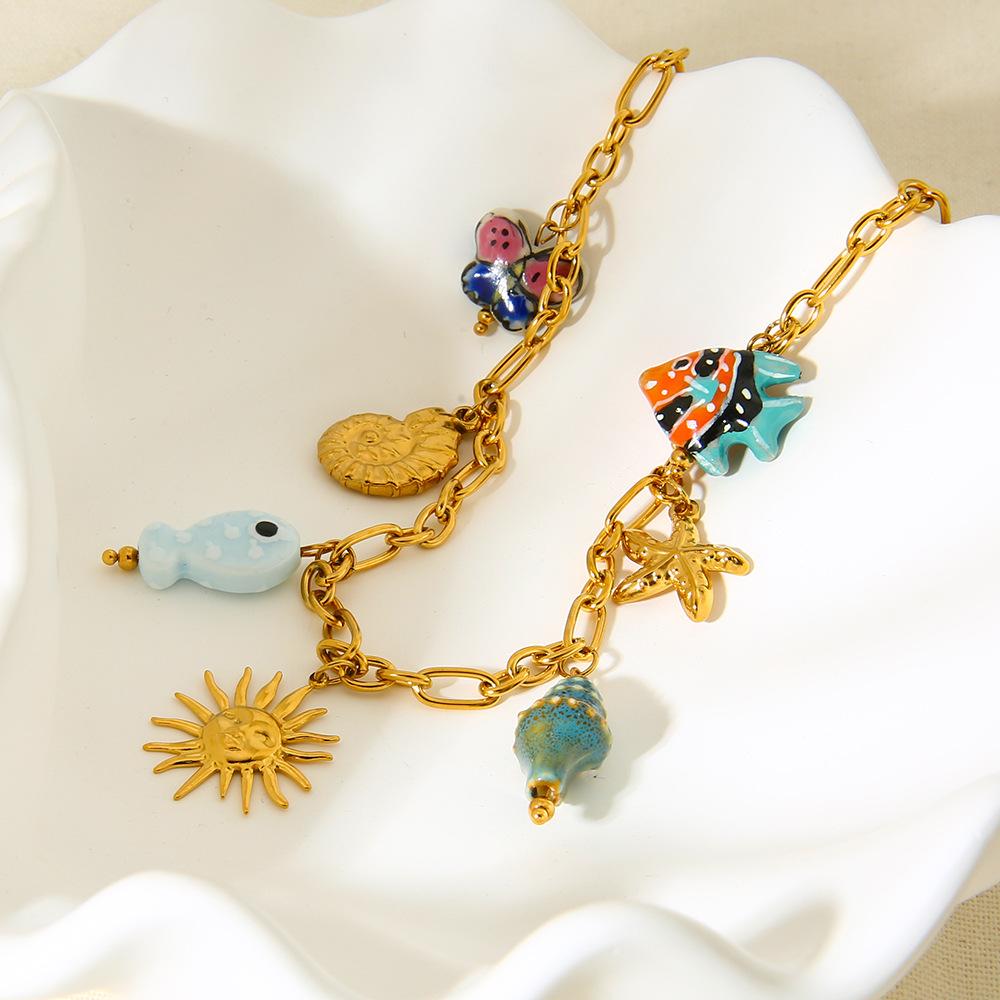 European and American ins seaside vacation style ceramic conch tropical fish DIY pendant necklace stainless steel plated 18k gold jewelry