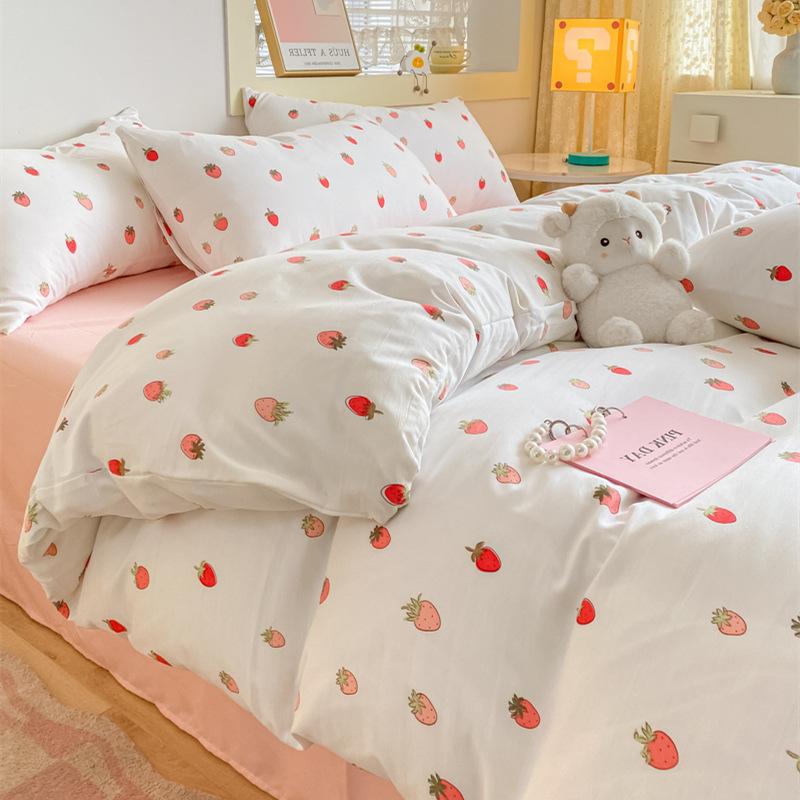 Washed Cotton 4Pcs Dormitory Small Fresh Naked Sleeping 3Pcs Double-Layer Yarn Bed Sheet Quilt Cover