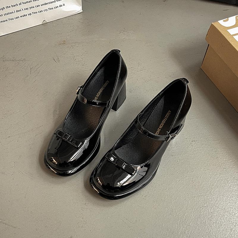 French fairy bow Mary Jane shoes new round head medium heel high heels women's design temperament socialite single shoes