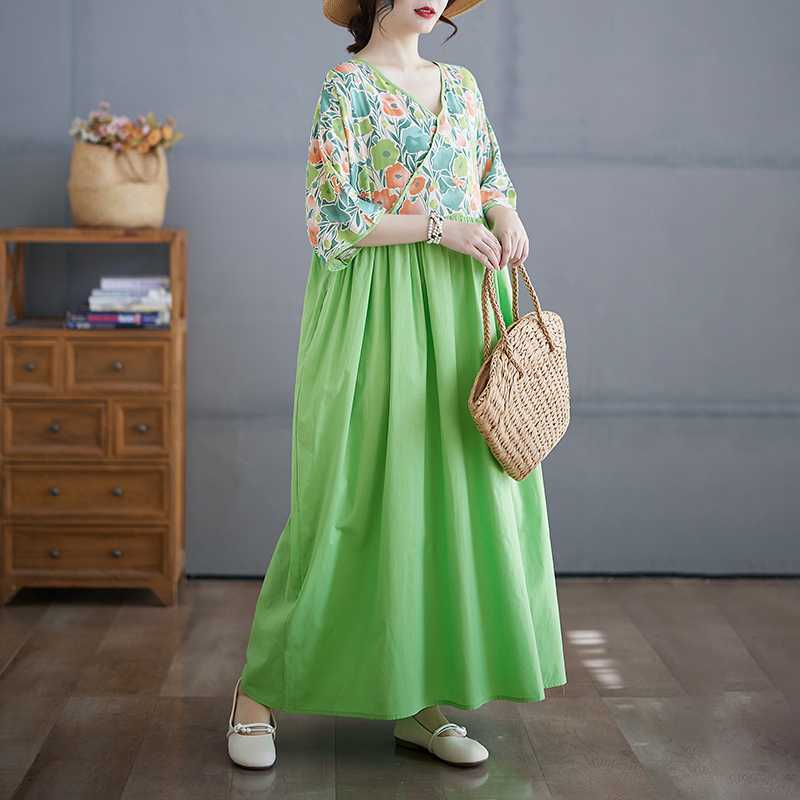 Cotton and Linen Summer Patchwork Retro Style Dress Long Skirt