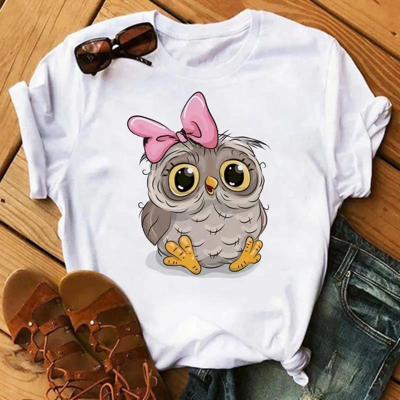 

Cute Owl Print Top with Cartoon Animal Pattern WhiteShort Sleeved Casual Top Floral Flower Wreath Bow Design Fashionable Tshirt S