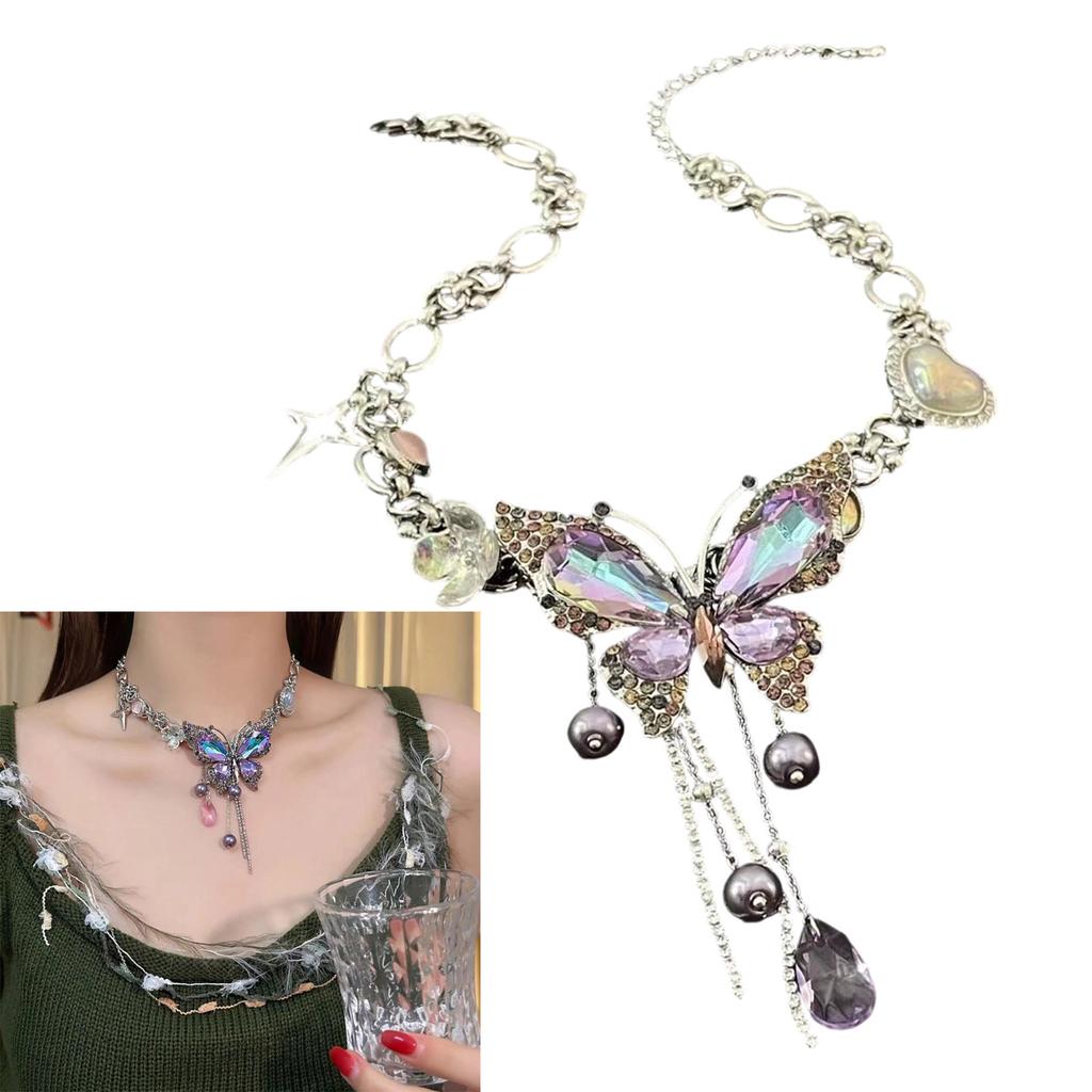 Dazzling Allover Crystal Butterfly Love Charm Necklace Moving Fringe Detailing Clavicle Chain Adjustable Neckchain