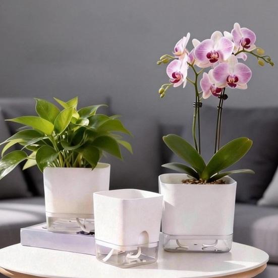 Maceta Auto-Riego Cuadrada con Depósito de Agua Cuerda Mecha Maceta Moderna para Interior Escritorio Decoración del Hogar