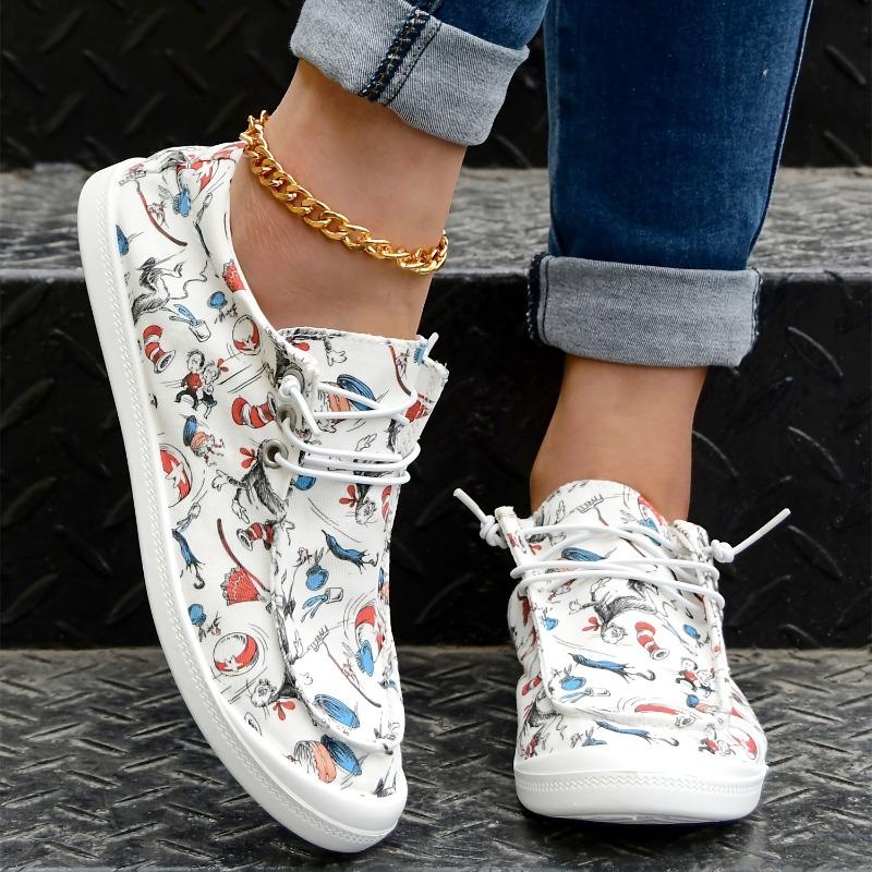 Women's Cartoon Print Flat Loafers, Lightweight Round Toe Comfortable Lace Up Slip On Canvas Shoes, Casual Low Top Shoes