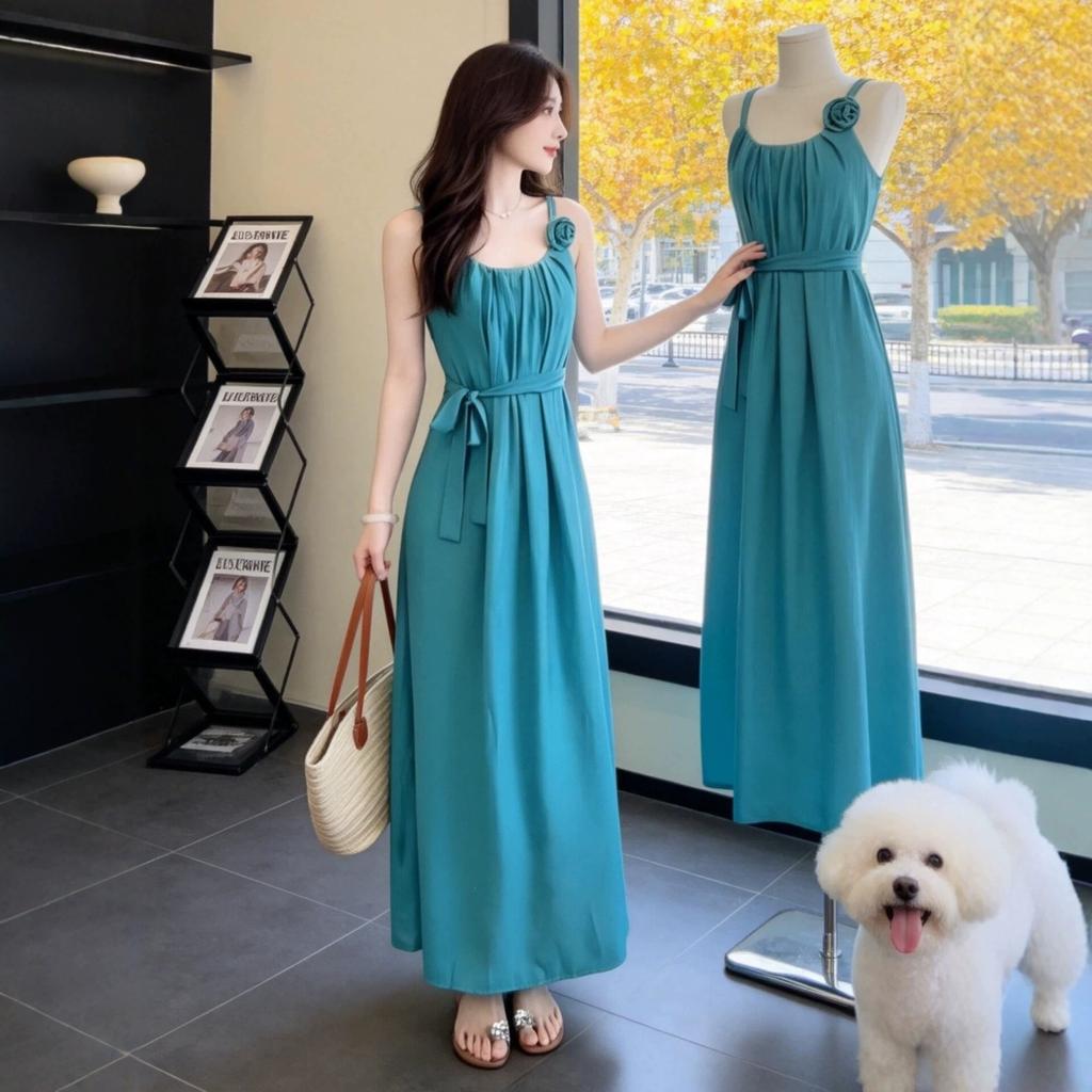 Bright color dopamine Thai summer neck sling dress women's seaside vacation Xinjiang travel wear long dress