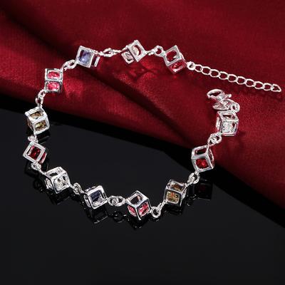 925 Sterling Silver Colored Square Chain Bracelet, Fashionable and Charming Jewelry
