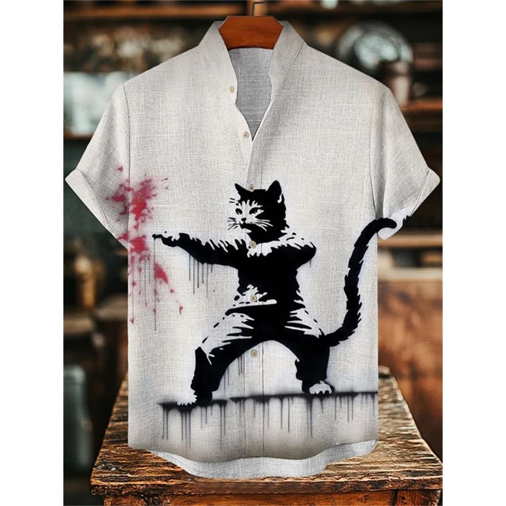 Men's Short-sleeved Shirt with Cat and Dinosaur Print, Casual and Stylish Vacation-style Men's Top, Fashionable Hawaiian Design.