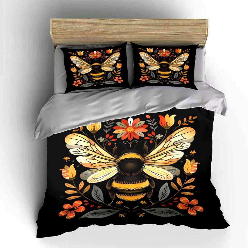 Golden Bee Floral Design Bedding Duvet Cover Set  (1*Duvet Cover 2*Pillowcases, Without Duvet Insert)
