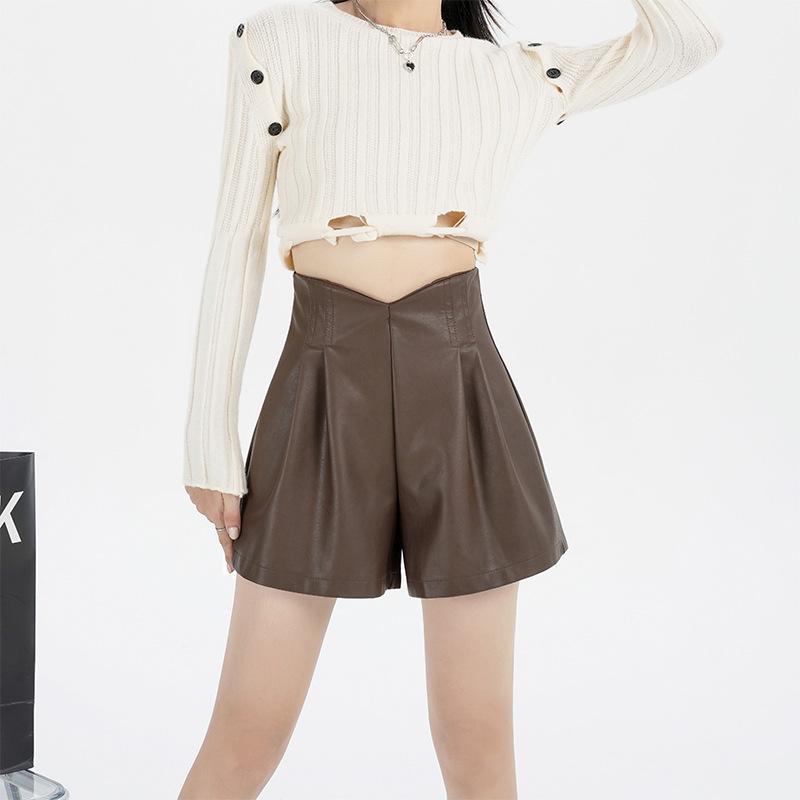 

Женские черные шорты А-силуэта из искусственной кожи - Повседневный свободный дизайн с широкими штанинами для осени/зимы 2025 3XL кофейный