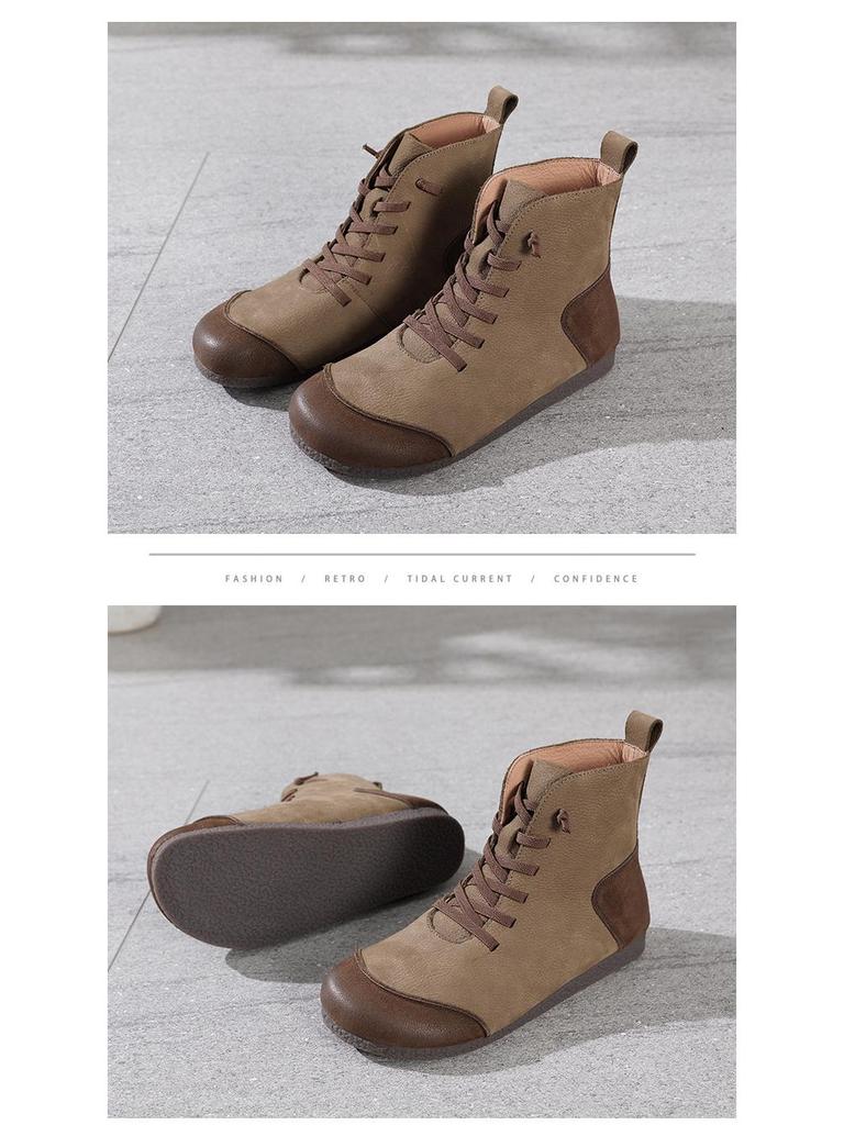 Journey 2025 Vintage Ethnic Style Women's Ankle Boots—Genuine Leather Round Toe Patchwork, All Genuine Leather, Autumn/Winter L216-7