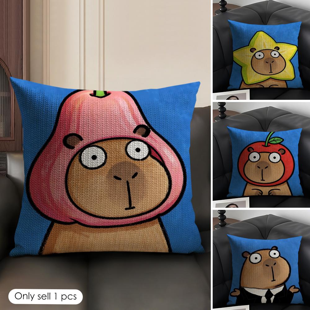 Cute Kicapara Cartoon Cushion Cover Natural Linen Organic Fabric Double-Sided Printing Sofa Home Decor Gift Pillow Case