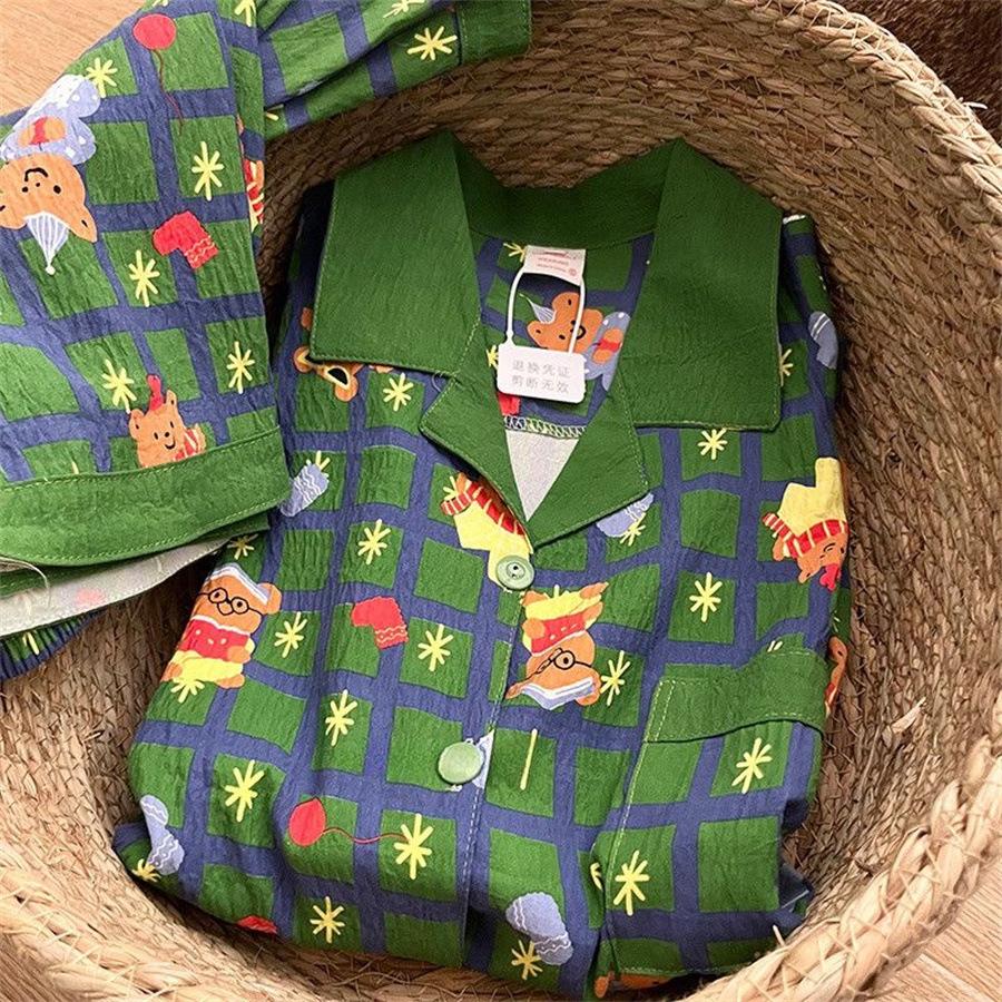 Summer new green plaid Christmas bear pajamas women s summer short-sleeved shorts cardigan lapel two-piece loungewear S