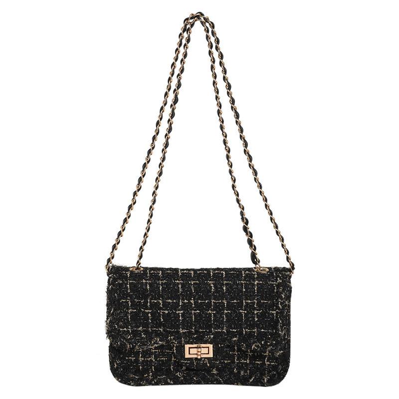 

Chic Fall Winter Tweed Crossbody Bag 2023 New Fashion Trendy Plaid Chain Bag чорний