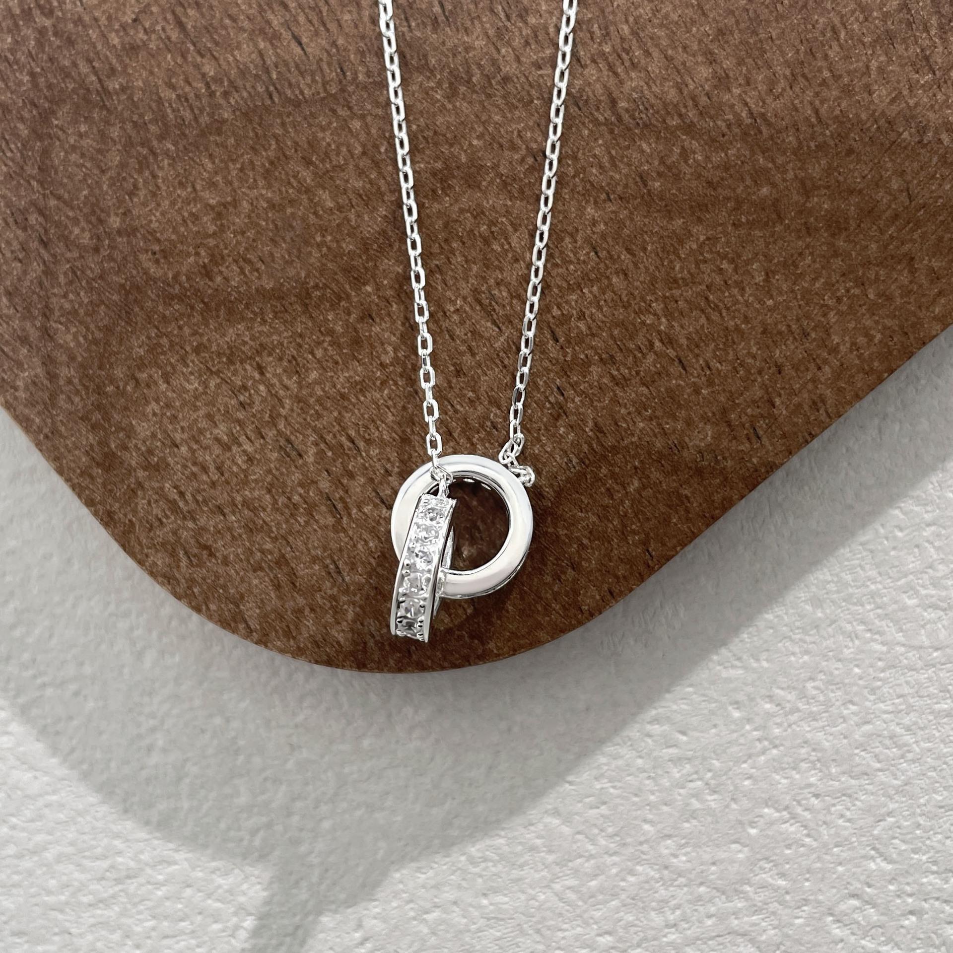 S925 Mobius Interlocking Double Circle Pendant Necklace Women Zircon Infinity Clavicle Chain Jewelry