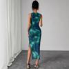 Summer Women Sleeveless Print Mesh Bodycon Dress Mature Style French Retro Patchwork Slim Sexy Elegant Women Maxi Dress