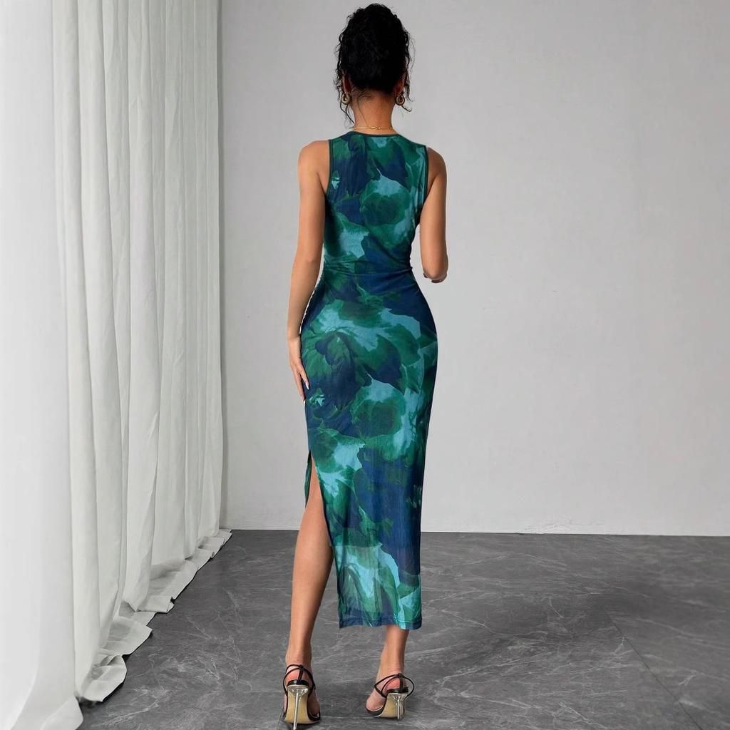 Summer Women Sleeveless Print Mesh Bodycon Dress Mature Style French Retro Patchwork Slim Sexy Elegant Women Maxi Dress