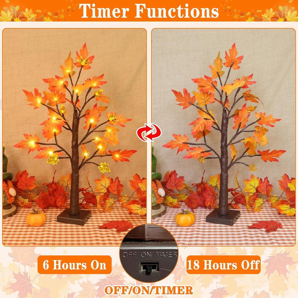 Thanksgiving Decorations, 2 Pack 24''/2FT Prelit Fall Maple Tree Fall Decor Total 48 LED Timer Battery Operated Lighted Pumpkins Acorns Maples Leaves
