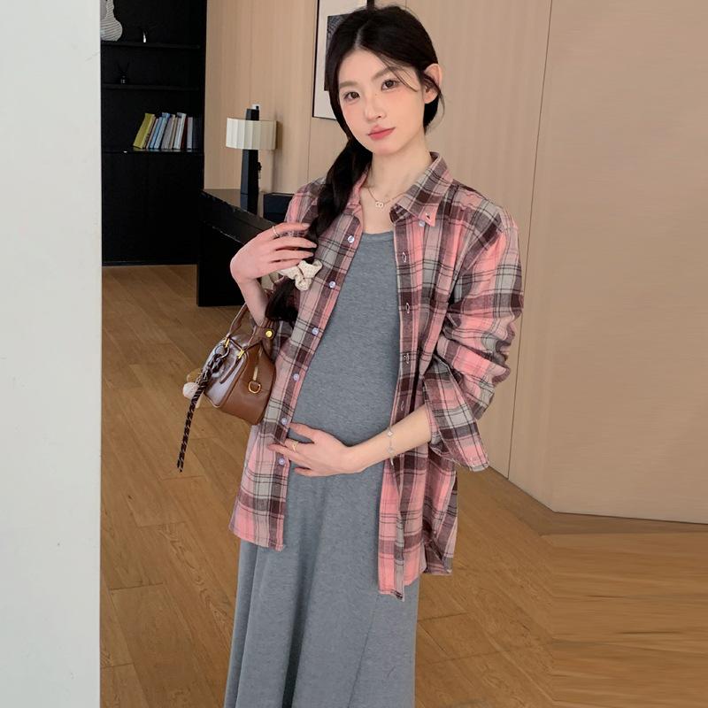 Spring 2025 Korean Casual Plaid Shirt & Elastic Slip Dress Set 2XL