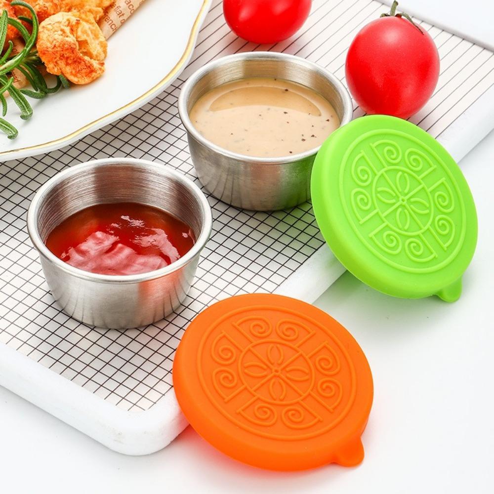 Sauce Cup Silicone Cover Leak-proof Salad Tomato Sauce Bento Saucer 304 Stainless Steel Sauce Cup with Cover Small Storage Box