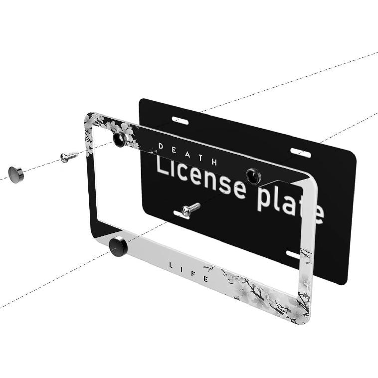 Japanese Cherry Tree Blosson License Plate Frame 2 Pack Black And White License Plate Personalise License Plate Frames Rust-Proof Stainless Steel