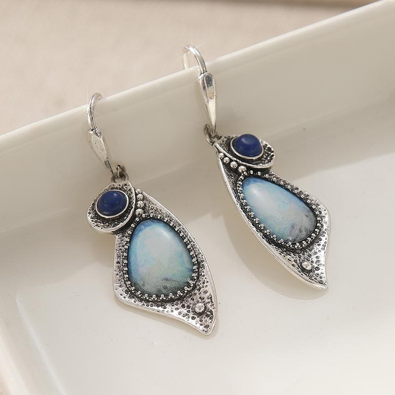 Vintage Silver Color Metal Geometry Inlaid with Blue and White Stones Dangle Earrings for Women Jewelry