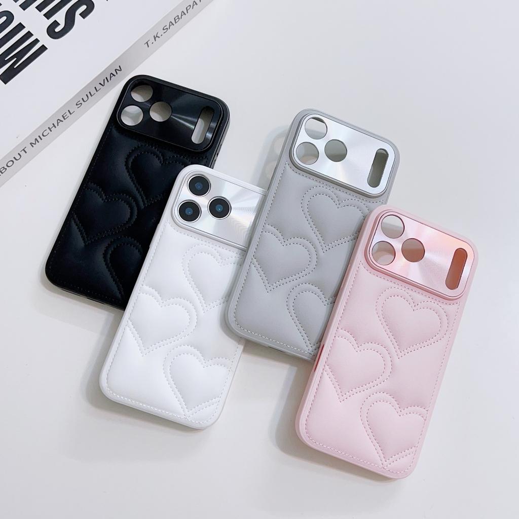 For iPhone 17 16 15 14 Pro Max Air Plus Love Hearts Embossed Leather Camera Lens Protector Full Protection Soft Back Cover