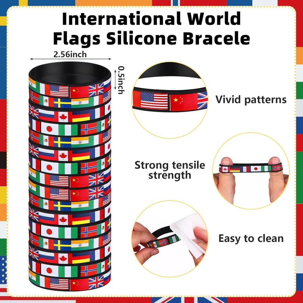 60 Pcs International World Flags Party Favors Include 30 Flags of Nations Pens 30 Rubber Wristband for Travel Trip Around Globe Decor World Sports