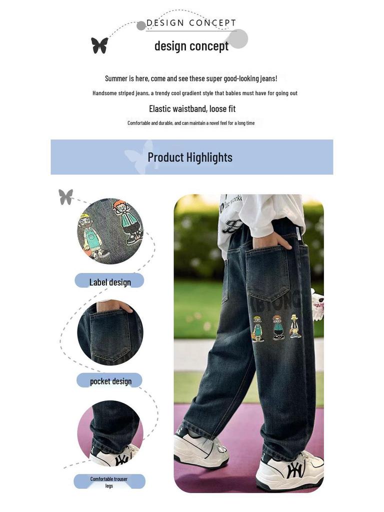 Modne dżinsy chłopięce w stylu ulicznym, z podszewką polarową, Kolekcja 2025, Długie spodnie dla starszych dzieci